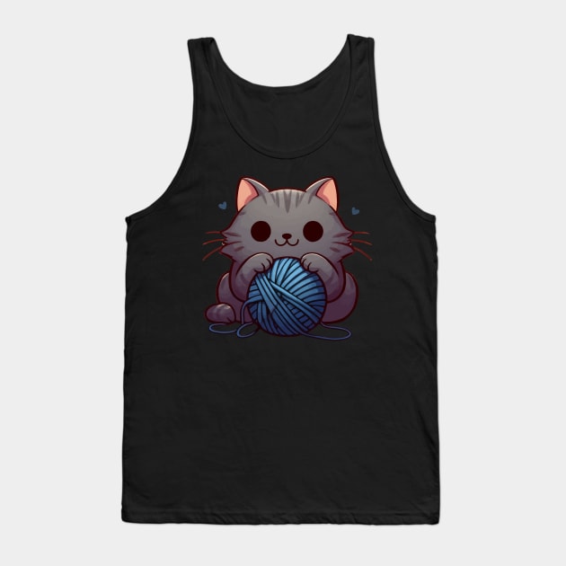 Kawaii Cute Cat With Yarn Ball Tank Top by TomFrontierArt